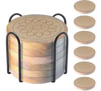 Wood Coasters for Drinks Housewarming Gifts for Home Decoration Absorbent Coasters with Holder for Coffee Tabletop Protection 4.3 Inch Beige