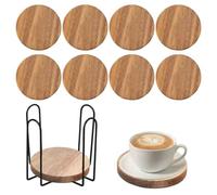 Wood Coasters Set of 8 with Iron Holder, 4 Inch with 3 Non-Slip Pad | Acacia Wood Tea Coasters for Coffee Table, Tabletop Protection Decor, Home, Office