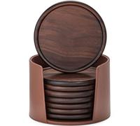Wood Coasters Set of 8 with Leather Holder, 100% Wooden Coasters for Drinks | 4 Inch Walnut Coffee Table Coaster Set Home Decor for Kitchen, Farmhouse, Office, Living Room, House Warming Gifts, Round