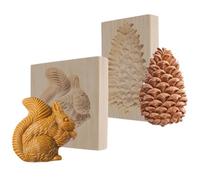 Wood Cookie Mold - 2 Pieces Cutter Set, 3D Squirrel and Pine Cone Cookie Stamp, Engraved Baking Press | Creative Mold for Beginner, Easter, Halloween, Christmas, Dessert Party, Holiday, Kitchen, Home
