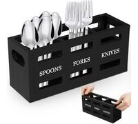 Wood Cutlery Holder, Wooden Utensils Storage Organizer with 3 Compartment, 25.5×8.6×11.4 CM Kitchen Utensil Holder Silverware Caddy Organizer for Spoons Forks Knives (Black)