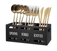 Wood Cutlery Holder, Wooden Utensils Storage Organizer with 3 Compartments, Large Capacity Kitchen Utensil Holder, Farmhouse Utensil Cutlery Caddy, Wooden Cooking Tools Storage for Countertop (Black)