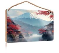 Wood Decor Sign Mount Fuji with Autumn Foliage and Traditional Japanese Architecture Dumb Funny Gifts Outdoor Wood Plaque Porch Signs(23X35CM)