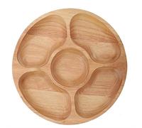 Wood Divided Plate, Wooden Round 5-Compartment Divided Plate Divided Dessert Dish Serving Trays Dessert Snack Sub-Grid Dish(25cm)