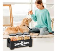 Wood Dog Treat Container, Dog Food Treat Jar Set with 3 Plastic Jars, Cute Dog Food Container Reusable Cat Dog Treat Organizer Decorative Dog Treat Holder for Dog and Cat, Gift for Pet(black)