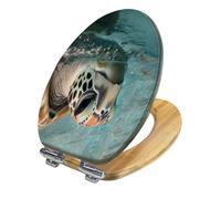 Wood Elongated Toilet Seat with Lid, Quiet Close, Quick Release Hinges, Easy to Install, Turtle Head Water Design, Decorative Bathroom Decor