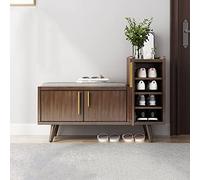 Wood Entry Bench with Storage Cabinet 2-Tier Shoe Rack with Cushion Seat Removable ShelfStylish Hallway Furniture with Doors for Home Décor