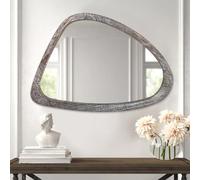 Wood Frame Hanging Wall Mirror Asymmetrical Irregular Oval Mirrors for Wall Unique Shape Decorative Artistic Mirror for Entryway Bedroom Living Room Bathroom Black