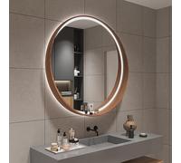Wood Frame LED Bathroom Mirror - Round Illuminated Touch Sensor Vanity Mirror with 3-Color Dimmable Light IP44 Waterproof 60CM Decorative Makeup Mirror