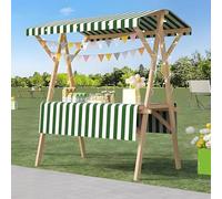 Wood Frame Vendor Cart with Wheels, Foldable Wooden Market Display Stand, Lightweight Farmers Market Stalls with Awning for Market Vending, Events, More(White+Green)