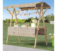 Wood Frame Vendor Cart with Wheels, Foldable Wooden Market Display Stand, Lightweight Farmers Market Stalls with Awning for Market Vending, Events, More(Grey)