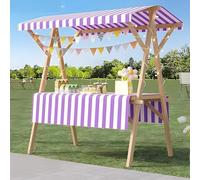 Wood Frame Vendor Cart with Wheels, Foldable Wooden Market Display Stand, Lightweight Farmers Market Stalls with Awning for Market Vending, Events, More(Purple)