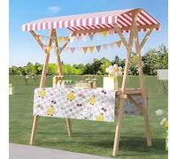 Wood Frame Vendor Cart with Wheels, Foldable Wooden Market Display Stand, Lightweight Farmers Market Stalls with Awning for Market Vending, Events, More(Pink+White)