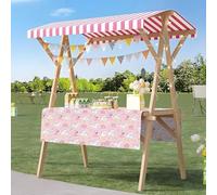 Wood Frame Vendor Cart with Wheels, Foldable Wooden Market Display Stand, Lightweight Farmers Market Stalls with Awning for Market Vending, Events, More(Pink)