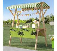Wood Frame Vendor Cart with Wheels, Foldable Wooden Market Display Stand, Lightweight Farmers Market Stalls with Awning for Market Vending, Events, More(Cyan+Green)