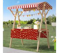 Wood Frame Vendor Cart with Wheels, Foldable Wooden Market Display Stand, Lightweight Farmers Market Stalls with Awning for Market Vending, Events, More(Dark Red)