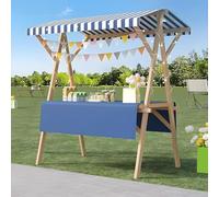 Wood Frame Vendor Cart with Wheels, Foldable Wooden Market Display Stand, Lightweight Farmers Market Stalls with Awning for Market Vending, Events, More(Light Blue)