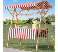 Wood Frame Vendor Cart with Wheels, Foldable Wooden Market Display Stand, Lightweight Farmers Market Stalls with Awning for Market Vending, Events, More(White+Red)