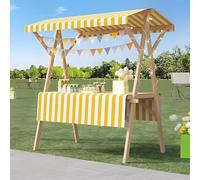 Wood Frame Vendor Cart with Wheels, Foldable Wooden Market Display Stand, Lightweight Farmers Market Stalls with Awning for Market Vending, Events, More(White+Yellow)