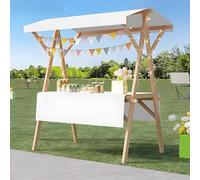 Wood Frame Vendor Cart with Wheels, Foldable Wooden Market Display Stand, Lightweight Farmers Market Stalls with Awning for Market Vending, Events, More(White)