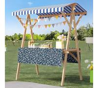 Wood Frame Vendor Cart with Wheels, Foldable Wooden Market Display Stand, Lightweight Farmers Market Stalls with Awning for Market Vending, Events, More(Blue)