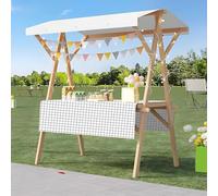 Wood Frame Vendor Cart with Wheels, Foldable Wooden Market Display Stand, Lightweight Farmers Market Stalls with Awning for Market Vending, Events, More(White+Black)