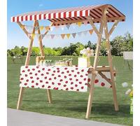 Wood Frame Vendor Cart with Wheels, Foldable Wooden Market Display Stand, Lightweight Farmers Market Stalls with Awning for Market Vending, Events, More(Pink+Red)