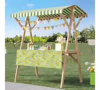 Wood Frame Vendor Cart with Wheels, Foldable Wooden Market Display Stand, Lightweight Farmers Market Stalls with Awning for Market Vending, Events, More(Light Cyan)