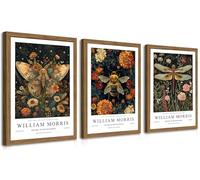 Wood Frame William Morris Wall Art Set of 3, Vintage Animal Bee Butterfly Dragonfly Posters Prints, Botanical Nature Flower Canvas Wall Decor Paintings for Living Room Bedroom Bathroom 12x16In Framed