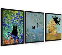 Wood Framed Monet Wall Art Set of 3 - Funny Cat in Water Lilies Canvas Paintings Prints, Van Gogh Sunflower Cat Aesthetic Pictures for Room Bedroom Living Room Bathroom 12x16 in