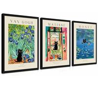 Wood Framed Monet Wall Art Set of 3 - Van Gogh Black Cat Flower Field Canvas Paintings Prints, Matisse Abstract Black Cat Aesthetic Pictures for Room Bedroom Living Room Bathroom 16x24 in