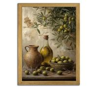 Wood Framed Olive Kitchen Wall Art, Vintage Rustic Still Life Canvas Print, Green Olives Poster Print Picture, Fruit Wall Decor Painting for Dining Room Cafe Restaurant Farmhouse Home Decor 12x16 inch
