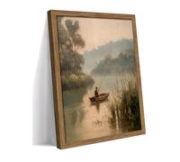 Wood Framed Vintage Fishing Wall Art, Country Fisherman Landscape Canvas Wall Decor Paintings, Retro Country Farmhouse Posters Prints Pictures for Boy Room Bedroom Living Room Home Decor 16x24 Inch