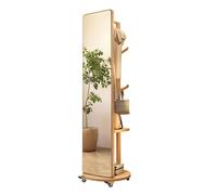 Wood Full Length Mirror with Coat Rack, 360° Rotatable, 2-in-1 Floor Mirrors and Coat Rack for Bedroom and Living Room - Roller Version