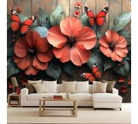 Wood Grain Hibiscus Wallpaper Mural Retro Tropical Flowers Photo Wallpaper Wood Grain Hibiscus 3D Wall Mural Non-Woven Premium Art Print Decoration Poster Picture for Living Room Bedroom TV Backdrop