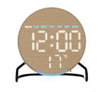 Wood-Grain LED Digital Alarm Clock Ambient Light Adjustable Brightness | ABS construction with compact size displays time day temperature and alarm on one screen three manual brightness levels