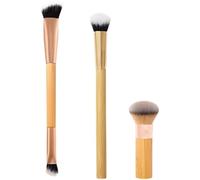 Wood Handle 3 Pcs Makeup Brush Set, Double-Ended Eyeliner Face Brushes, Fluffy Rounded Loose Powder Applicator, Soft Synthetic Fiber Vegan Brush for Precise Eye Application