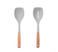Wood Handled Silicone Spoon Set 2 Piece Heat Resistant Kitchen Utensils for Cooking Serving Soup 31cm Blue(Gray)