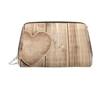 Wood Heart Print Makeup Bag Portable Leather Waterproof Cosmetic Bag Clutch Makeup Brush Bag (6.7x4.3in)