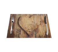 wood heart Print Placemat 4 PCS, Reusable Table Mats Heat Resistant Washable Placemat for Spring and Summer Decorations Party Kitchen Dining Table Decoration Indoor Outdoor