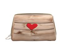 (Wood Heart) Print Pu Leather Makeup Bag with Zipper Pocket Compact Organizer for Travel/Purse
