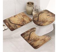 wood heart Printed Flannel Anti-Slip Bath Mat Set of 3-80x50cm | Bathroom Rug Set - Bath Mat + U-Shaped Pedestal Mat + O-Shaped Toilet Seat Cover