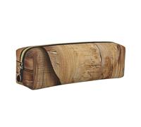 Wood Heart Printed Leather Pencil Case Cute Stationery Organizer Simple Makeup Bag Pen Pouch, Gold Zipper