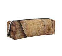 Wood Heart Printed Leather Pencil Case Cute Stationery Organizer Simple Makeup Bag Pen Pouch, Silver Zipper