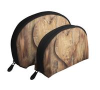Wood Heart Printed Makeup Bags 2-Piece Portable Shell Travel Toiletry Bag Cosmetic Organizer Bag for Women