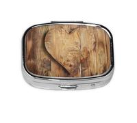 Wood Heart Printed Square Pill Organizer with 2 Compartments, Portable Mini Pill Box Pill Case for Medicine, Vitamin, Fish Oil, Supplements