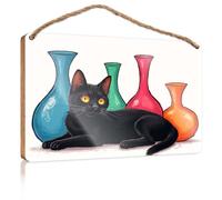Wood Home Sign A Black Cat Lounges Beside Four Colorful Vases Decorations for The Kitchen Funny Man Cave Signs(20X30CM)