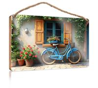Wood Home Sign A Blue Bicycle Parked in Front of A Charming House with Flowers Decorations for The Kitchen Funny Man Cave Signs(20X30CM)