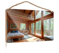 Wood Home Sign A Cozy Cabin with Wooden Interiors, Large Windows Overlooking Trees Decorations for The Kitchen Funny Man Cave Signs(15X28CM)