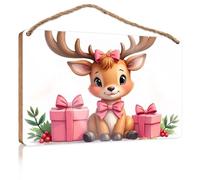 Wood Home Sign A Cute Deer with Pink Bows Surrounded By Gift Boxes Decorations for The Kitchen Funny Man Cave Signs(23X35CM)